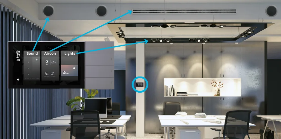 A photo of a office room showing the smart office system being able to operate the sound, lights and aircon