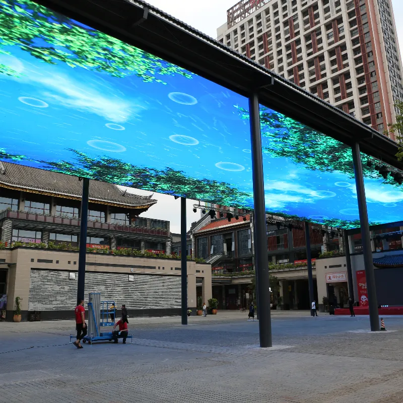 Ceiling LED Screen installed on the roof of a sheltered area in the community space.