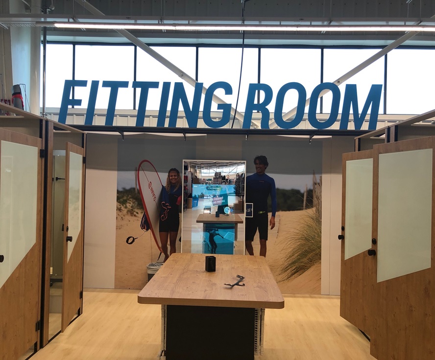Standing Mobile Kiosk at Decathlon Singapore Lab's Fitting Room