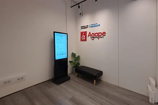 Standing Mobile Kiosk being used at Agape Lobby.