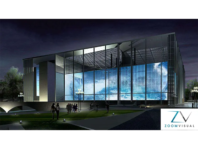 Artist impression of a large scale Transparent LED Screen used on a building.