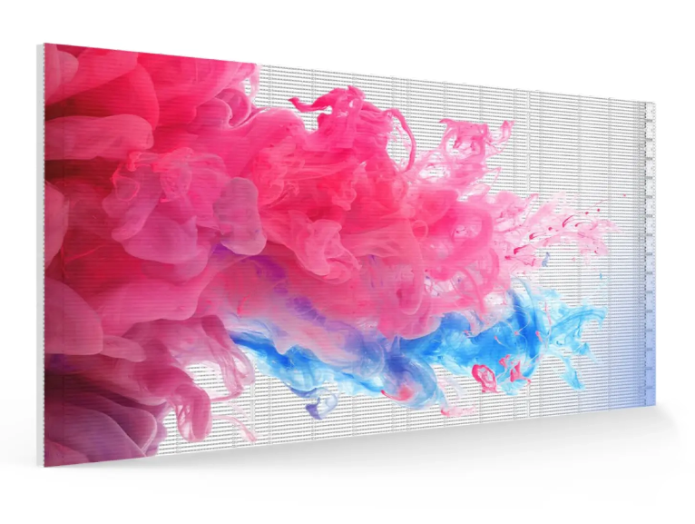 A large transparent LED screen displaying a colorful abstract animation
