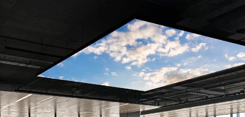 Ceiling LED Display in a office showing a sky