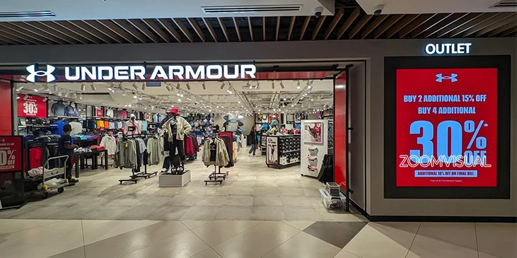 Under Armour is using Zoom Visual's Indoor LED Screen to promote their sales at IMM.