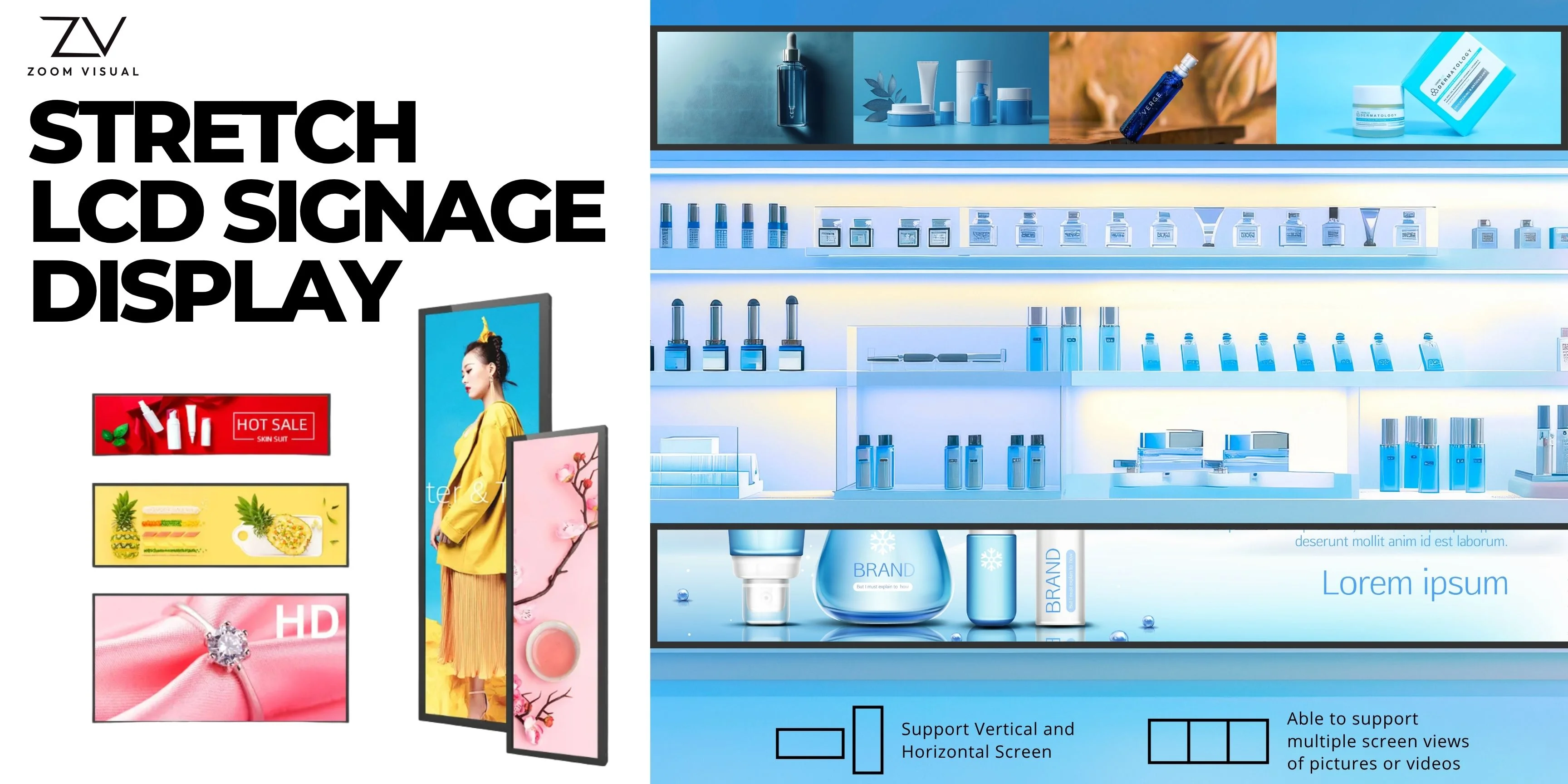 Product Image of the Stretched Bar LCD Display and a case study of it in a store.